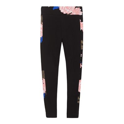 Girls' black floral print trim leggings